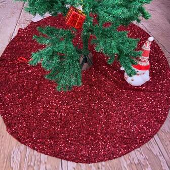 48英寸大号红色亮片圣诞树裙 - 闪亮亮片垫，适用于室内外节日装饰，经典涤纶设计，适用于桌面或全尺寸圣诞树，圣诞装饰家居装饰房间装饰冬季圣诞装饰家居圣诞礼物圣诞装饰