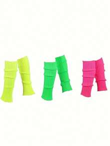 3 Pairs Of American Neon And Ribbed Warm Leg Warmers For Women - 80s Retro Style Knee-Length Elastic Cuffs, Hand-Washable, Suitable For Parties, Sports, Winter Exercise, Comfortable To Wear, Y2k, Cozy