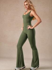 女士时尚无缝瑜伽连体衣，性感露背设计，舞蹈训练紧身衣，柔软舒适的夏季运动连体服 - 軍綠色 - 查看 8