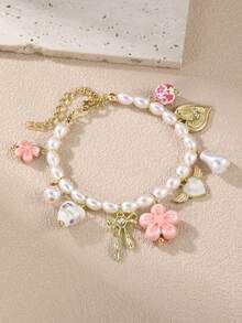 Set de joyas de 1/2 piezas de collar y pulsera con cuentas de perlas falsas con adornos de lazo, corazón, flores de cerámica y cereza para niñas