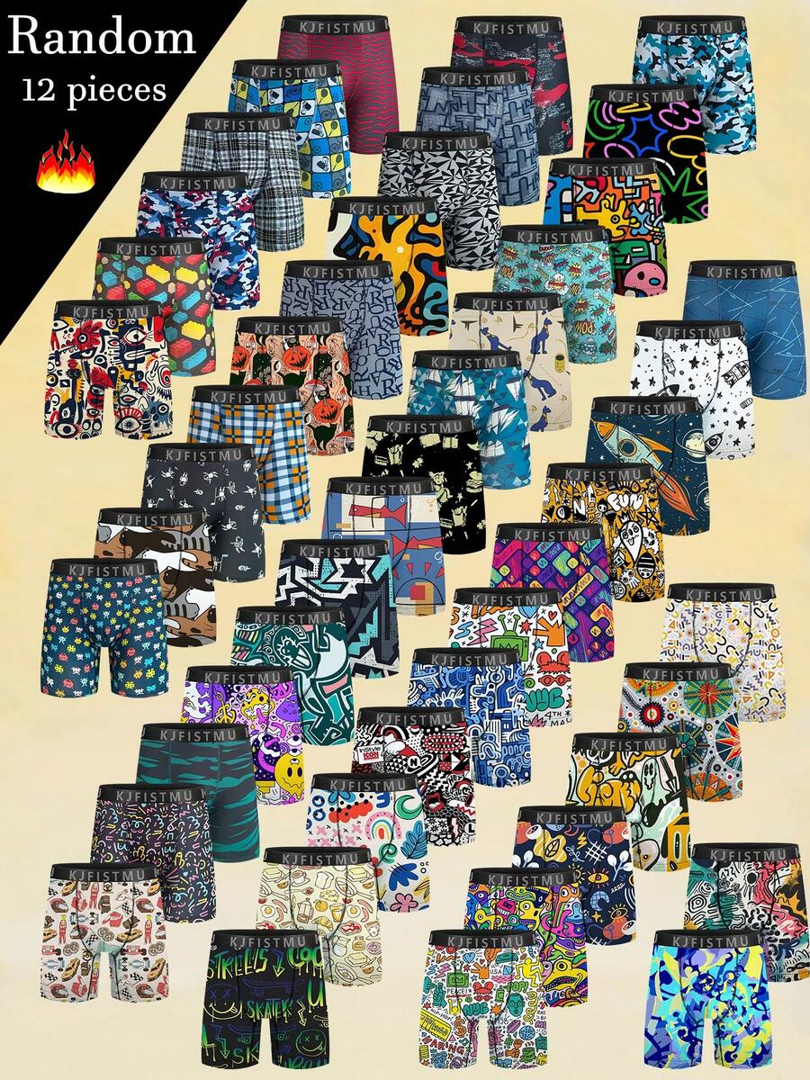 Random 12pcs Men's Luxury Printed Boxer Briefs Soft And Comfortable Elastic Waistband Breathable Boxer Briefs For All Seasons. Funny & Cute,Daily Casual Sports. {KJFISTMU} - 彩色 - 查看 1
