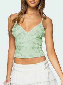 Women's Glitter Sequins Sleeveless Camisole Tops Flower Backless Tie Up V Neck Spaghetti Strap Crop Tank Tops - Green - View 1