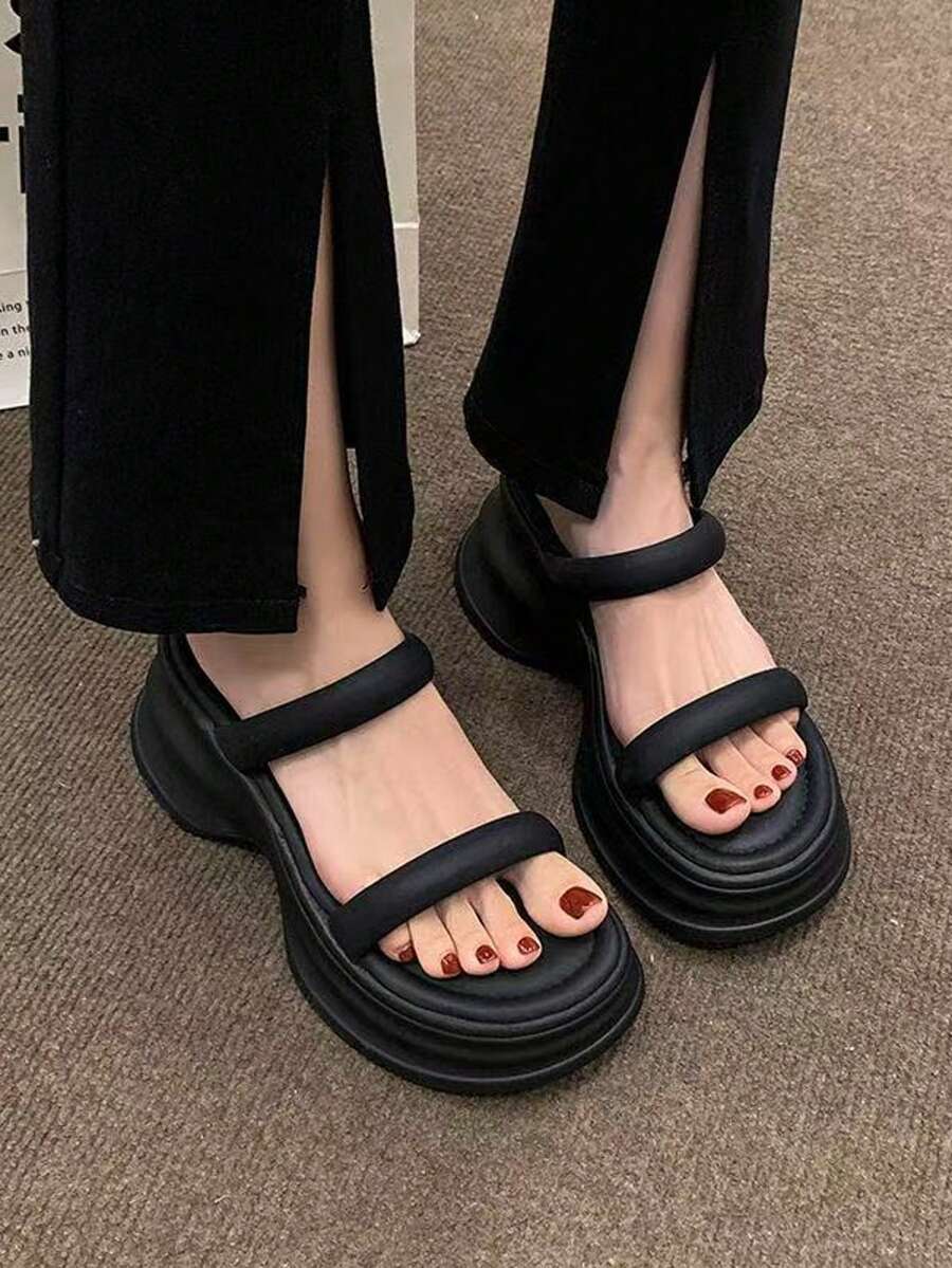 女凉鞋2025新款韩版时尚厚底松糕交叉绑带罗马沙滩凉鞋纯色百搭 - 黑色 - 查看 1