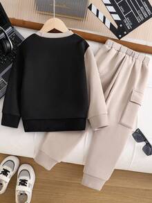 青少年男孩图案字母印花保暖圆领运动衫和裤子套装 - 卡其色 - 查看 2