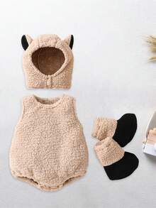 Baby Halloween Animal Outfits Plush Patchwork Sleeveless Round Neck Romper With Hat And Shoes 4Pcs Clothing Sets For Toddler Boys Girls Halloween Clothes - Khaki - View 4
