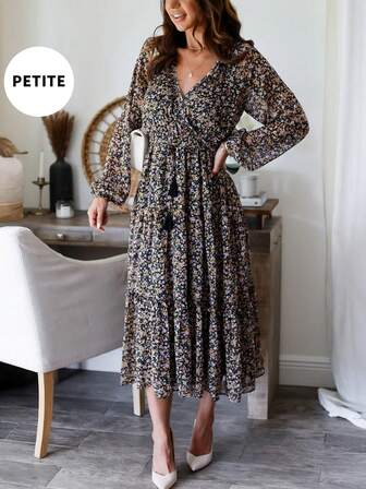 PETITE 女装新款春秋度假风优雅碎花交叉领长袖流苏腰带长裙