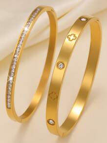 2pcs Luxury Sparkling Four-Leaf Clover Zirconia Stainless Steel Bracelet For Women, Suitable For Multiple Occasions