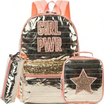 3PCS Sequin Star School Backpack Shoulder Backpack Back To School Bookbag Student Bookbag