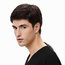 Pelucas de moda para hombres con flequillo oblicuo, hermoso cabello corto y liso, capucha completa - Marrón - Ver 3