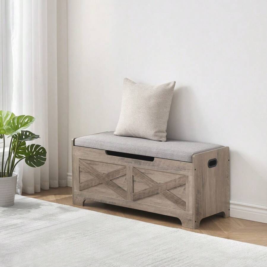 Storage Chest, Wooden Storage Bench With Lift Top, Storage Trunk With Safety Hinges, Wooden Entryway Bench With Soft Seat Cushion, Shoe Bench, Entryway Organizer Toy Chest For Living Room Bedroom - 淺象牙色 - 查看 1