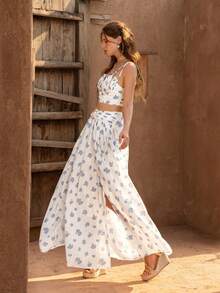 Faeriesty Conjunto de 2 piezas BohoBloom: Blusa corta con volantes + Falda midi de línea A con abertura alta, adecuado para vacaciones en la playa, festivales de música de verano, excursiones al aire libre, citas de picnic, escapadas de fin de semana - Azul y blanco - Ver 9