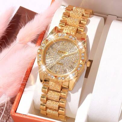 1款时尚奢华闪耀镶钻圆形女士石英钢表带腕表，适合派对、庆典、婚礼、返校季及日常佩戴，是送给女性的最佳礼物。