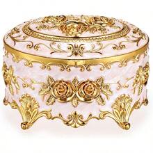 Vintage Metal Keepsake Box Oval Trinket Organizer Ring Box Case With Rose Design Jewelry Storage Container For Rings Earrings Necklaces And Gifts For Women - Beige - View 1