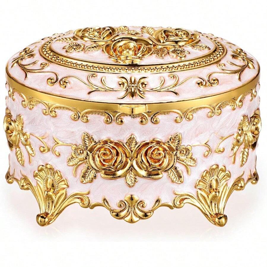 Vintage Metal Keepsake Box Oval Trinket Organizer Ring Box Case With Rose Design Jewelry Storage Container For Rings Earrings Necklaces And Gifts For Women - Beige - View 1