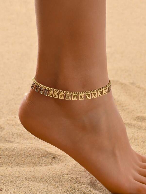 Fashion 18K Gold-Plated Ankle Chain,Rhinestone Pendant & Geometric Great Wall Pattern Summer Beach Vacation Style Anklet For Daily Or Party Wear,Graduation Season Friendship Gift