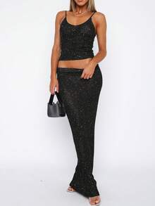 Two Piece Skirt Set For Women Sparkle Sleeveless Spaghetti Strap Scoop Neck Cami Tops Bodycon Maxi Long Skirts Sets Glitter Night Out Outfits Clubwear Party Dresses - 黑色 - 查看 1