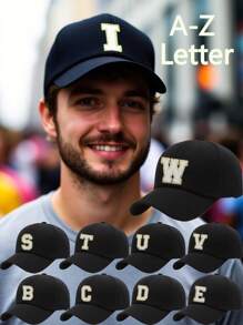 1 Pc Letter A-Z Men's Black Hard Top Stylish Baseball Cap Woman's Couple's New Design Casual Street Versatile Sun Protection Visor Hat Breathable Sweat-Absorbing Outdoor Sports Cap