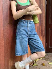 Quần short denim ống rộng chữ A màu xanh cổ điển ôm sát, nhẹ - Màu xanh lam - Xem 2