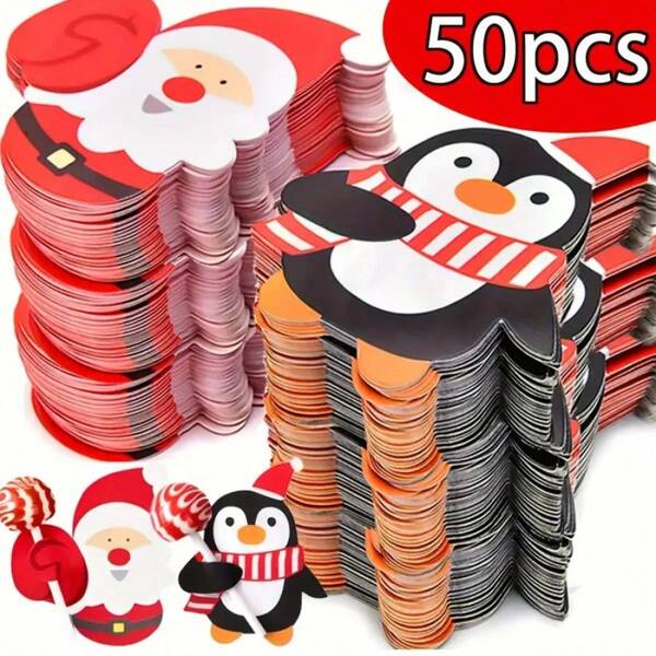 50pcs Christmas Penguin & Snowman Cartoon Decor Cards, DIY Lollipop Candy, Gift Cards, Paper Cards