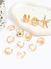 12pcs/Set Boho Ocean Series Starfish, Flower, Faux Pearl, Shell Rings, Asymmetrical Spiral Stacking Rings Set For Women - Gold - View 4