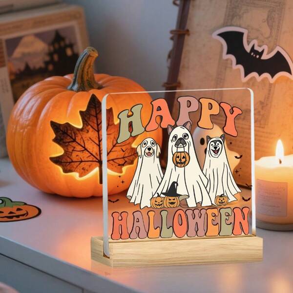 1/3/9pcs Halloween Acrylic Desktop Decoration Art, Decorated With Cute Skull, Pumpkin Ghost Pattern, "TRICK OR TREAT", "Happy Halloween" Home Decoration, Living Room Decoration, Room Decoration Supplies, Perfect For Adding A Touch Of Spooky Atmosphere To Your Home Or Office. Perfect For Use As Holiday Souvenirs Or Party Decorations.