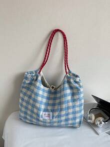 新款优雅刺绣花环蝴蝶结字母大容量托特包，女士时尚百搭单肩手提包，适合夏季户外旅行沙滩，格纹休闲单肩托特包，旅行包 - 淺藍色 - 查看 2