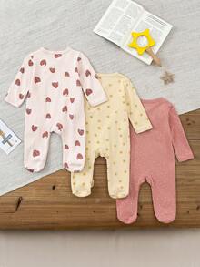 Bộ 3 quần áo liền thân dài tay in họa tiết dâu tây mềm mại cho bé gái từ 0-12 tháng tuổi, quần áo sơ sinh mùa thu đông - Nhiều màu - Xem 2