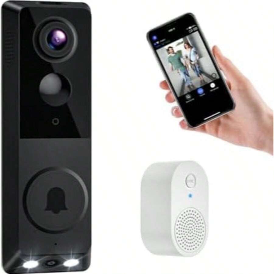 Timbre con cámara de vídeo inteligente, cámara de vigilancia inalámbrica interior/exterior, detección de personas con IA, visión en vivo, incluye timbre, audio bidireccional, visión nocturna, WiFi 2.4G, almacenamiento en la nube (cámara dual)