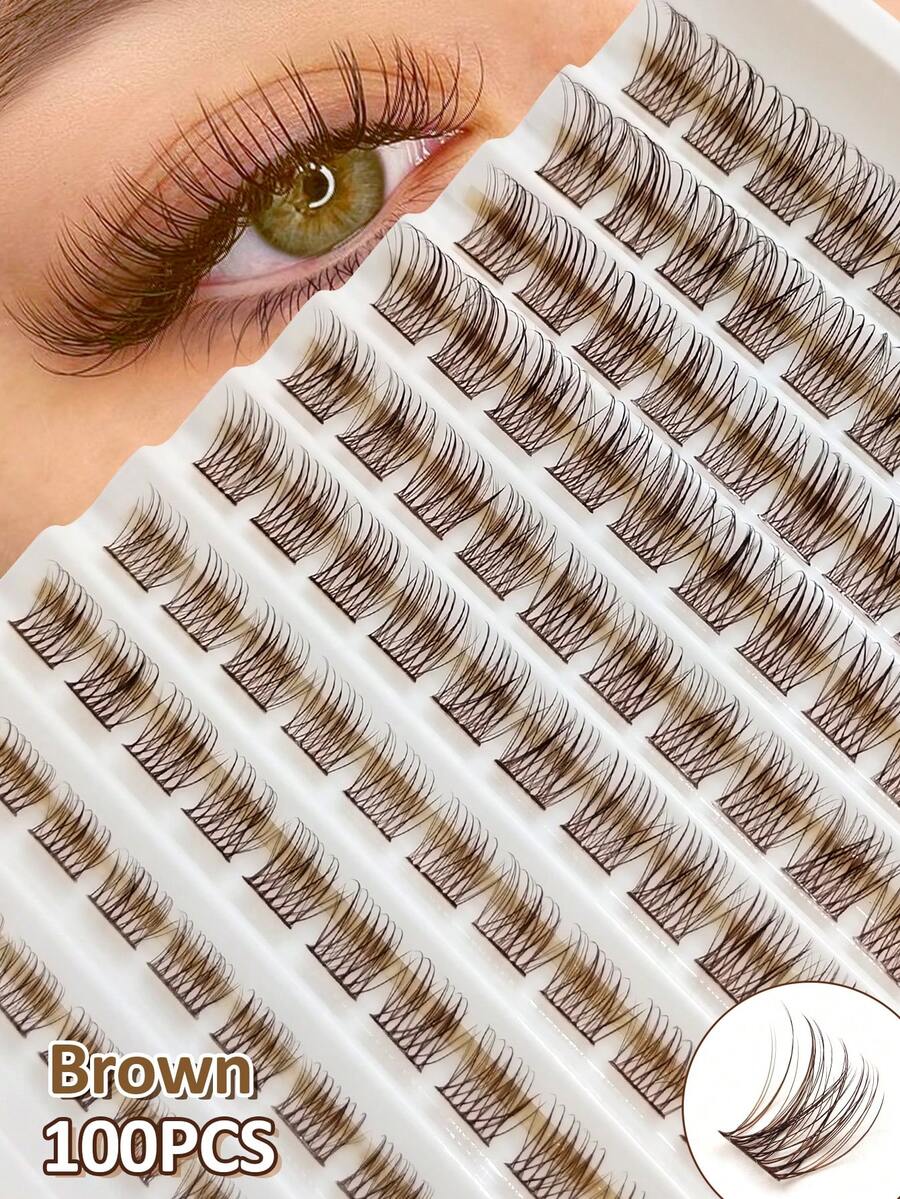 Rikuaild 100 件 D 卷彩色纤细棕色热簇睫毛，柔软蓬松单根睫毛延长自然长棕色化妆睫毛，适用于日常生活、婚礼、约会、派对和音乐节 DIY 居家睫毛簇、睫毛簇、单根睫毛、睫毛、假睫毛 - D - 查看 1