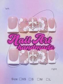 10 件鸭嘴风格手工指甲贴，Y2K Baddie 设计，裸色、粉色、白色，带法式指甲贴、雕刻、渐变色、珍珠、星星元素，适合女士和女孩、派对、日常佩戴，包含工具包，是送给她的绝佳礼物，按压式指甲美甲用品 - Follow Your Heart - 查看 1