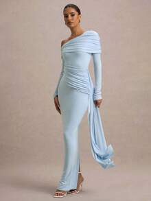 Vestido maxi ajustado con escote en V, manga larga, hombro asimétrico, volantes en el bajo, de color azul , para fiesta, Halloween o Navidad