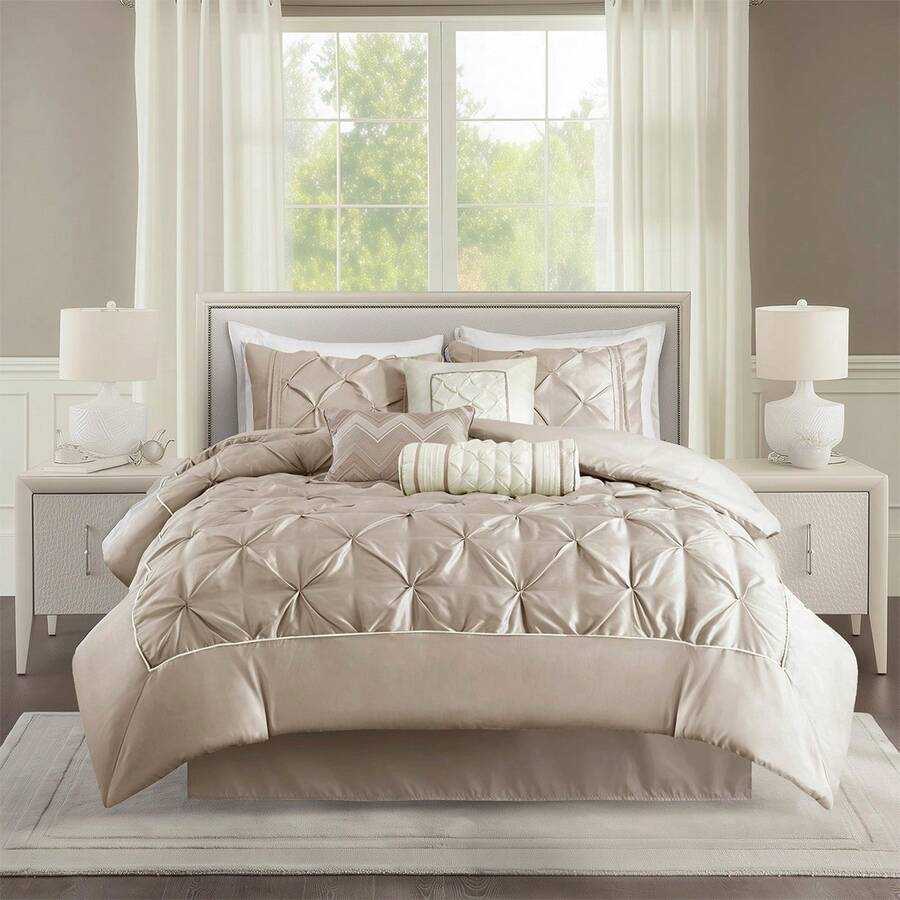 Elegant 7 Pieces Tufted Bedding Comforter Set With Throw Pillows,Faux Silk Bedroom Comforters With Matching Shams,Pillows,Bed Skirt,Pillowcases,All-Season Elegant Home Textile For Full-Queen-King-California King Size,Fit Elegant Home Bedroom Decor,New Year  Gift