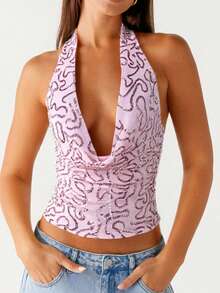 Women's Sequin Halter Tank Tops Sleeveless Backless V-Neck Ruched Cropped Vest For Party - Pink - View 5