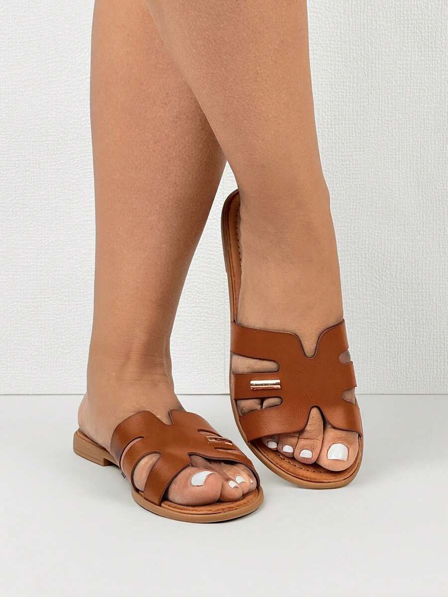 Open Toe Soft Bottom Flat Sandals, Fashion Versatile Strap Retro Beach Slippers For Vacation - Camel - View 1