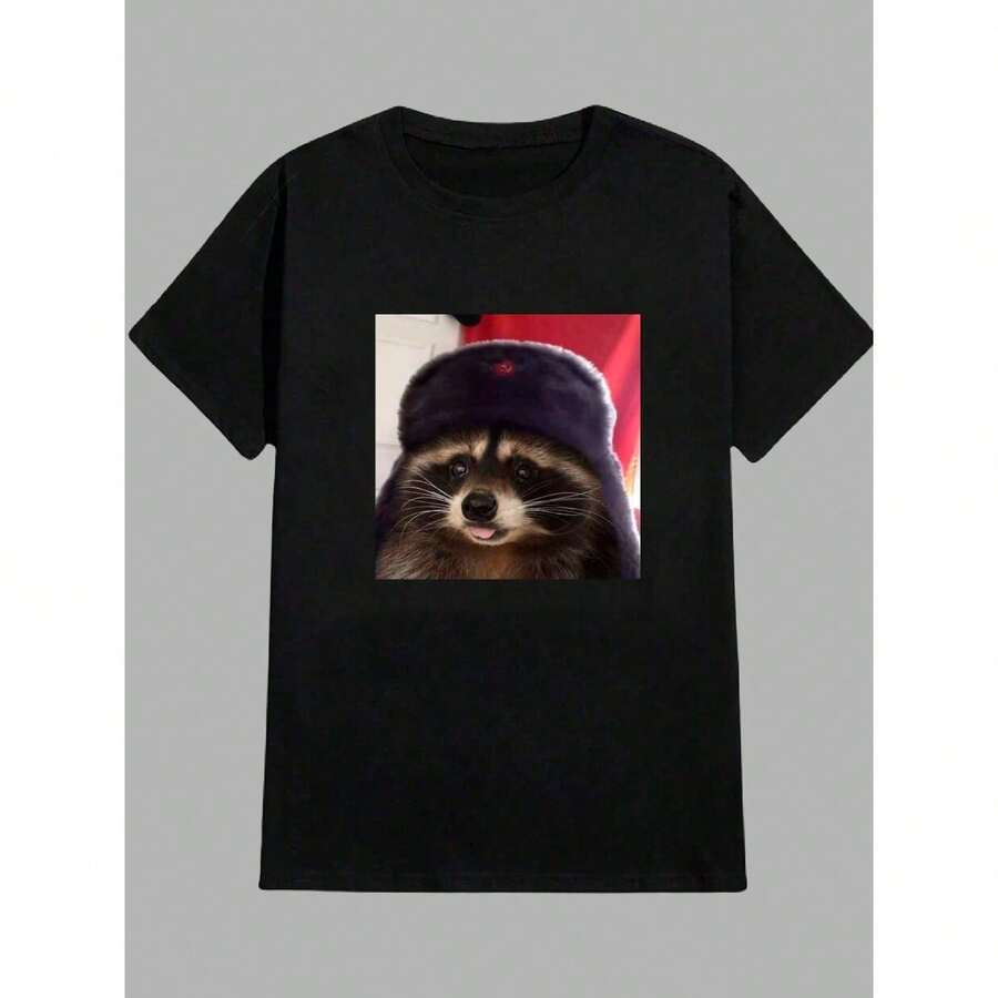 Streetwear T-Shirt Raccoon Soviet Hat Ushanka Street Fashion Urban Culture Skaters Unisex Men Women 100% Cotton Premium Top Streetwear New Arrival Immediate Shipping Various Colors!! Plus Size - 黑色 - 查看 1