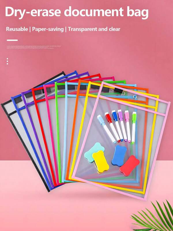 10/5 sacos transparentes de dupla face apagáveis para quadro branco com canetas de 8 cores, sacos para arquivo de escrita pendurados, sacos coloridos para grafite e pintura, sacos de armazenamento de PVC, jogos de alfabetização, acessórios interativos, perfeitos para salas de aula, famílias, artigos de papelaria para alunos e ferramentas de ensino. (A cor da caneta e da borracha é aleatória)
