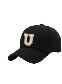 1 Pc Letter A-Z Men's Black Hard Top Stylish Baseball Cap Woman's Couple's New Design Casual Street Versatile Sun Protection Visor Hat Breathable Sweat-Absorbing Outdoor Sports Cap