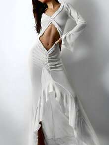 Long-Sleeved V-Neck Ruffled Mesh See-Through Hip-Wrapped Long Dress - White - View 4