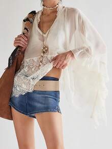 Women's Y2K Lace Poncho Top V Neck Batwing Sleeve Sheer Top See Through Ruffle Flowy Chiffon Blouse Loose Going Out Shirt Beach Party Streetwear - 白色 - 查看 2