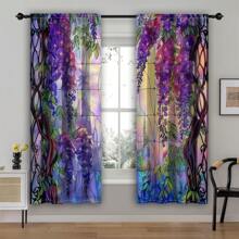 2pcs-[Purple Floral Print Artistic Drapes] Wisteria Stained Glass Curtains Dreamy Garden Style Purple Floral Print Artistic Painted Design Romantic Spring Drapes Colorful Leaves Pattern Rod Pocket Set Of 2 Panels For Living Room Bedroom Kitchen Bathroom Window Sun Shade