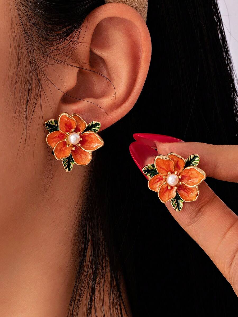 1 Cặp bông tai đính hoa thời trang mới dành cho phụ nữ, thiết kế cổ điển hoàn hảo để đeo hàng ngày, món quà tuyệt vời cho bạn bè - trái cam - Xem 1