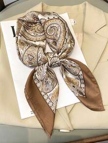 1PC 时尚印花方形围巾女士缎面头巾头带女士度假防晒披肩女头带 - 青色腰果2 - 查看 3