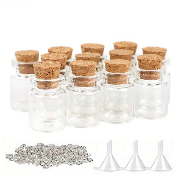 25 Stück Glasflaschen, 100 Stück Ösen, 3 Stück Mini-Trichter, Mini DIY Glasflaschen Handwerk, filigrane Korken, Wishing Drift Flaschen, süße Mini-Gläser, 1 ml 13*24 mm