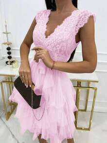 Look Polly Summer Women Dresses,Solid Color Lace Top And Mesh Skirt,Wedding Women Dresses Fall Women Clothes, Back To School Clothes,Party Women's Backless Dress Prom Dress,Elegant V-Neck Sleeveless Long Dress