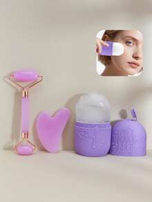 1pc/2pcs/3pcs Facial Beauty Massage Kit Includes Double-Head Massage Roller, Triangular Gua Sha Board, Ice Mold, Body Scraping Massage Tools, Purple Color,Beauty,Skin Care Products,Spa,Self Care,Skin Care Tools,Face Care,Esthetician Supplies,Massage,Face Massage Tool,Face Roller - Purple - View 2