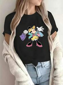 Cartoon Print Ladies' T-Shirt, Casual Round Neck T-Shirt For Spring And Summer