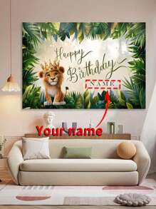 1 Stück Dschungel Thema Geburtstag Hintergrund Tuch - Kann mit Ihrem Namen angepasst werden, Grün Pflanzen & Löwen Design, Benötigt keine Stromversorgung, 6 Größenoptionen, strapazierfähiger Polyesterstoff, geeignet für Innen-/Außendekorationen, saisonale Dekorationen, Partykulisse, Fotoshooting Requisite, Mehrzweck Hintergrundtuch