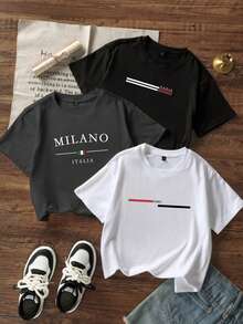 3件套青少年男童学生休闲印花圆领短袖T恤，夏季上衣 - 黑色 - 查看 2