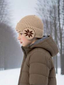 1件装雪花图案儿童护耳帽围巾套装，针织，保暖内衬，加厚，适合冬季户外骑行