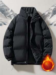 Men's Jacket, Solid Color Minimalist Stand Collar Jacket, Autumn/Winter - Black - View 3